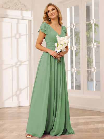 A-Line/Princess V-Neck Long Bridesmaid Dresses with Ruffles