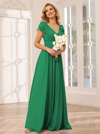 A-Line/Princess V-Neck Long Bridesmaid Dresses with Ruffles