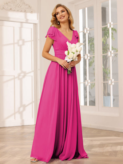 A-Line/Princess V-Neck Long Bridesmaid Dresses with Ruffles