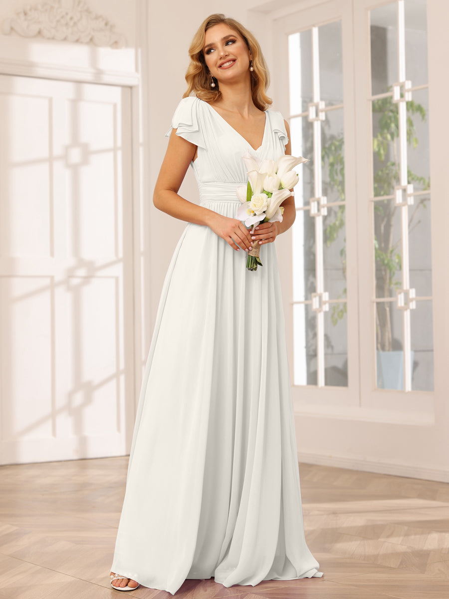 A Line Princess V Neck Long Bridesmaid Dresses with Ruffles Lavetir