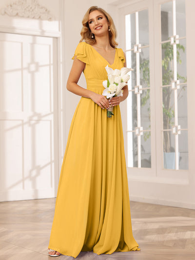 A-Line/Princess V-Neck Long Bridesmaid Dresses with Ruffles