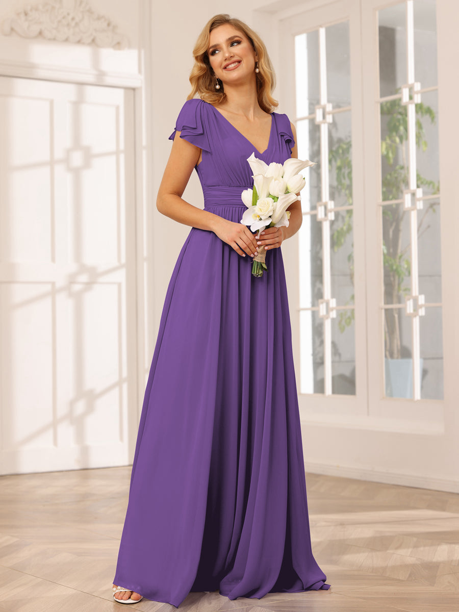 A-Line/Princess V-Neck Long Bridesmaid Dresses with Ruffles