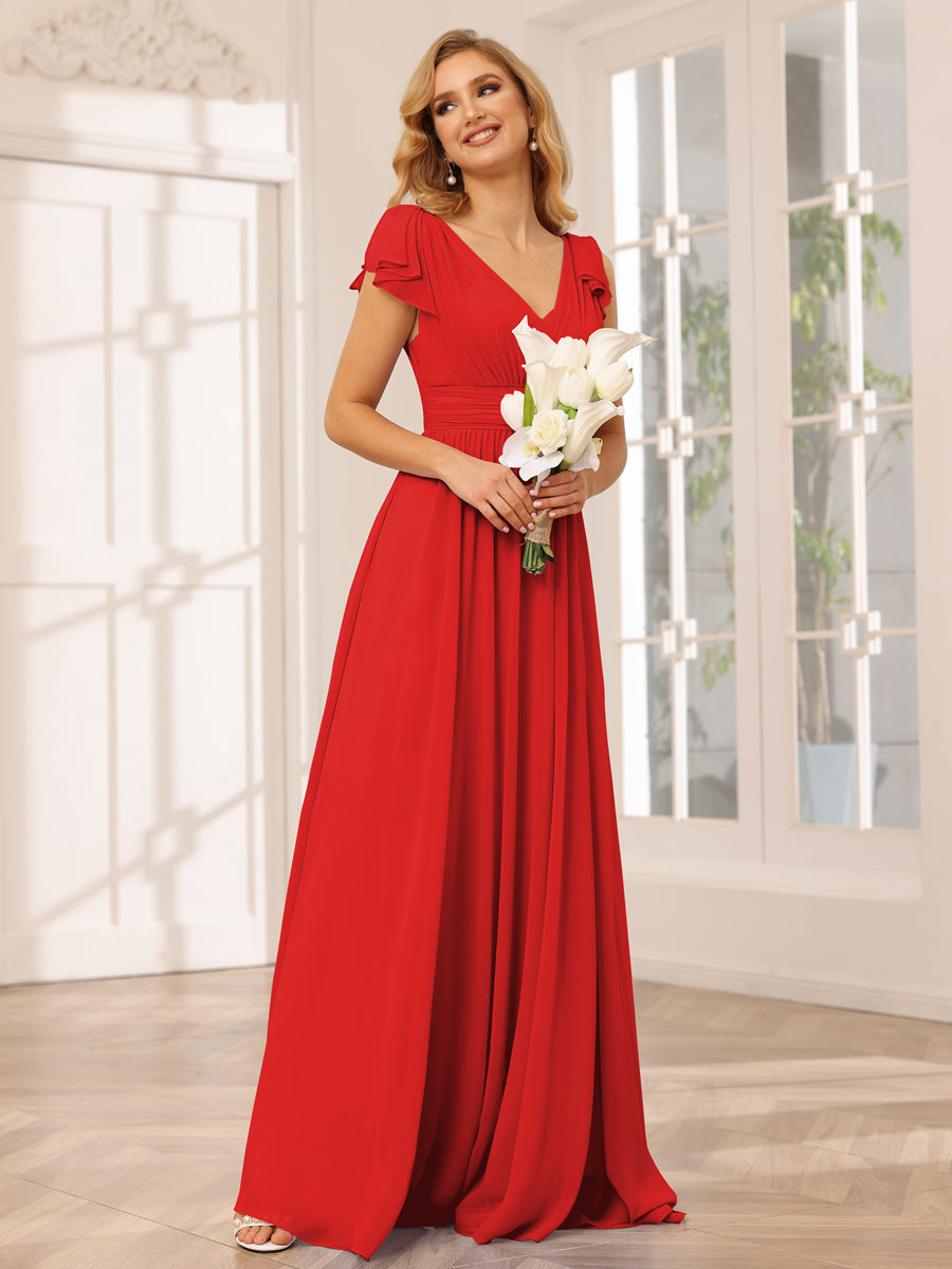 A-Line/Princess V-Neck Long Bridesmaid Dresses with Ruffles