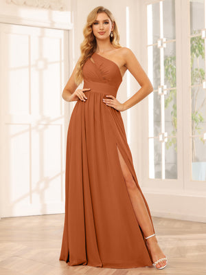 A-Line/Princess One-Shoulder Long Bridesmaid Dresses with Split Side