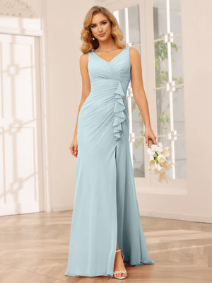 Sheath/Column V-Neck Long Bridesmaid Dresses with Split Side