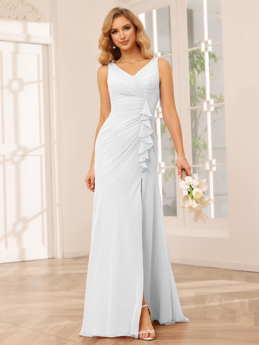 Sheath/Column V-Neck Long Bridesmaid Dresses with Split Side
