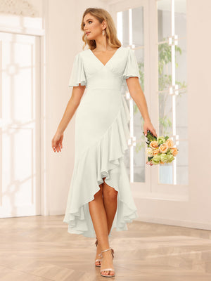 Sheath/Column V-Neck Asymmetrical Bridesmaid Dresses with Ruffles