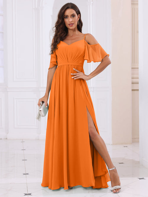 A-Line/Princess Spaghetti Straps Long Bridesmaid Dresses with Split Side