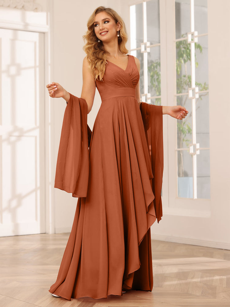 A Line Princess V Neck Asymmetrical Bridesmaid Dresses with