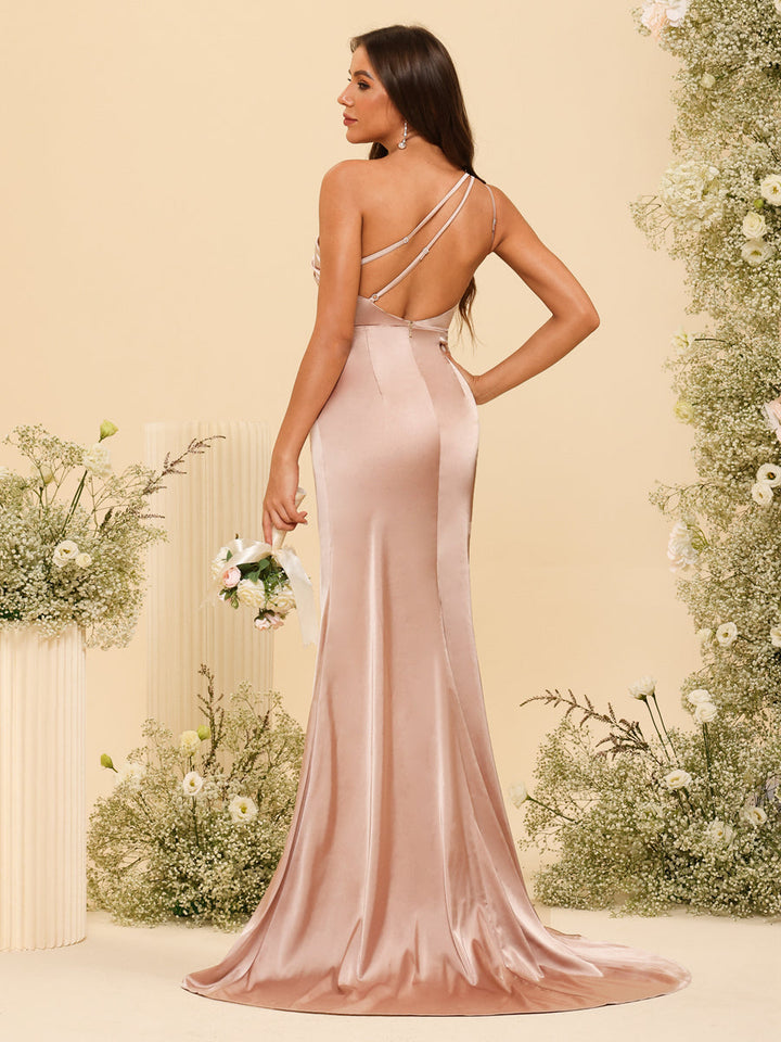 Sheath/Column One-Shoulder Long Formal Dresses with Split Side &amp; Ruched