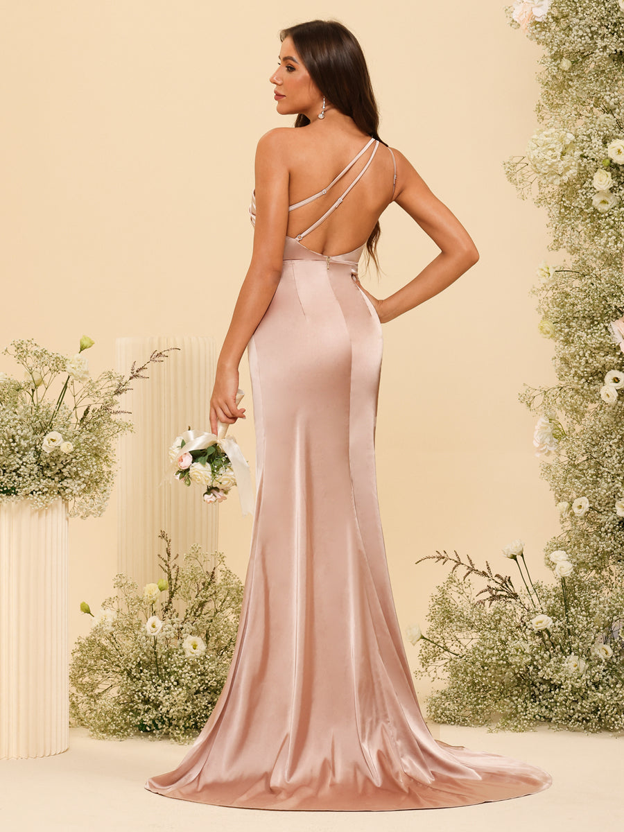 Sheath/Column One-Shoulder Long Formal Dresses with Split Side & Ruched