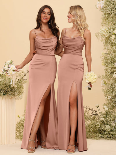 Sheath/Column Spaghetti Straps Long Formal Dresses with Split Side & Ruched