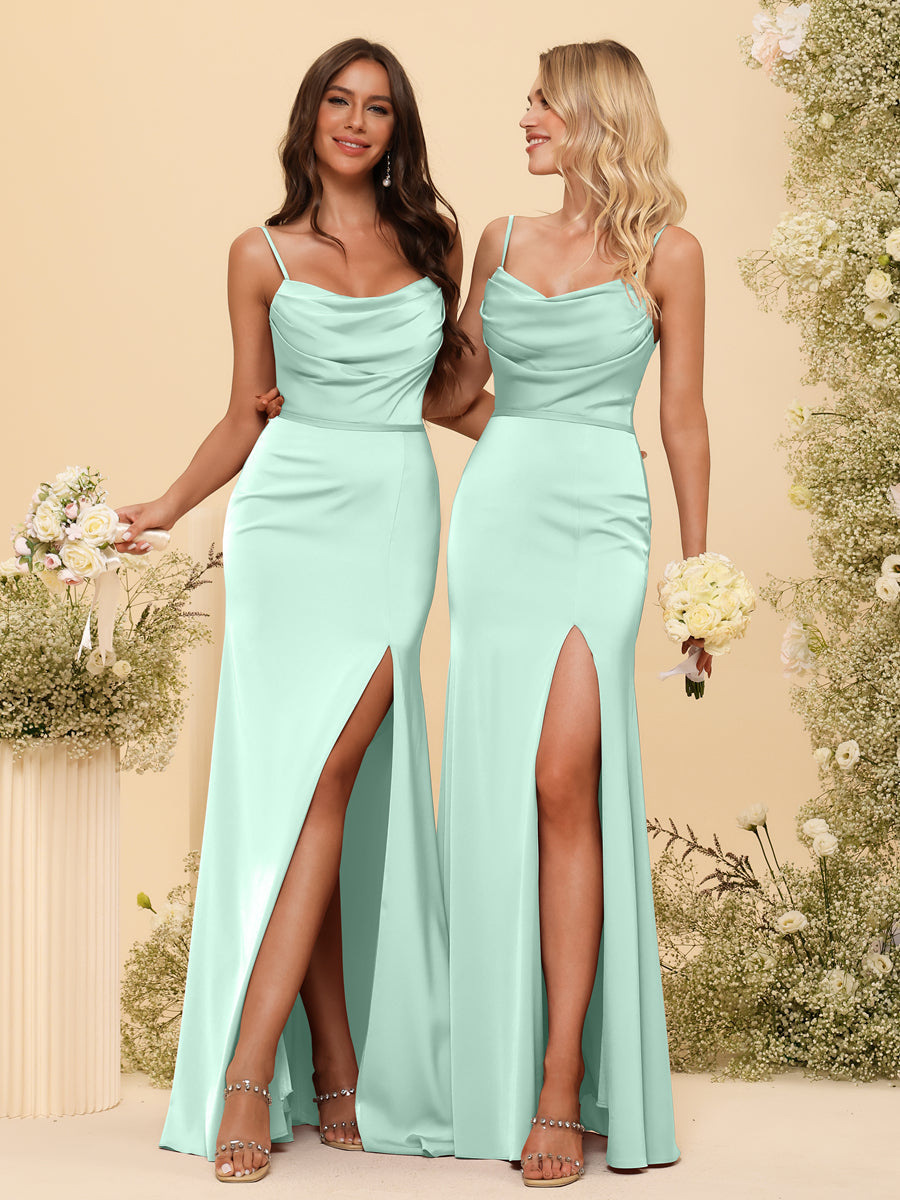 Sheath/Column Spaghetti Straps Long Formal Dresses with Split Side & Ruched