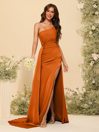 Sheath/Column One-Shoulder Long Formal Dresses with Split Side & Ruched