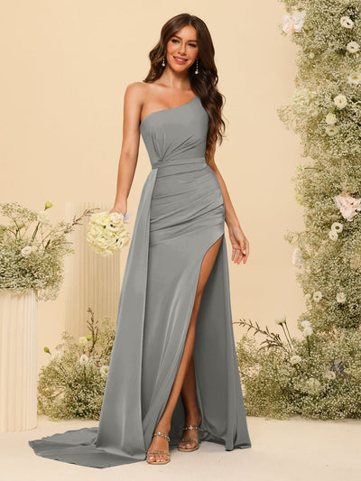 Sheath/Column One-Shoulder Long Formal Dresses with Split Side & Ruched