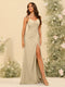 Sheath/Column Spaghetti Straps Long Bridesmaid Dresses with Split Side & Ruched