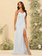 Sheath/Column Spaghetti Straps Long Bridesmaid Dresses with Split Side & Ruched