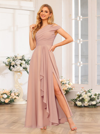 A-Line/Princess One-Shoulder Long Wedding Party Dresses with Split Side