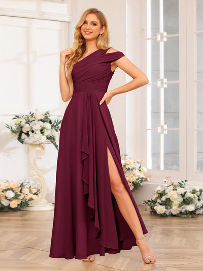 A-Line/Princess One-Shoulder Long Wedding Party Dresses with Split Side