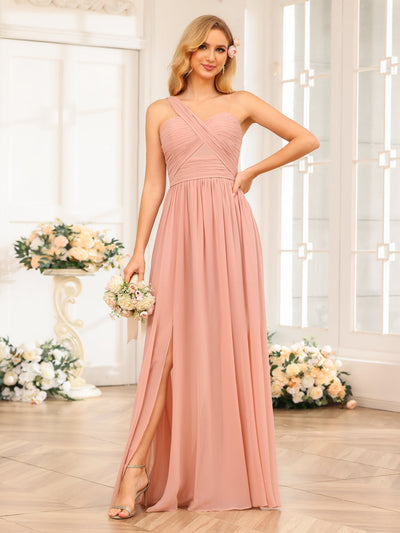 A-Line/Princess One-Shoulder Long Wedding Party Dresses with Split Side