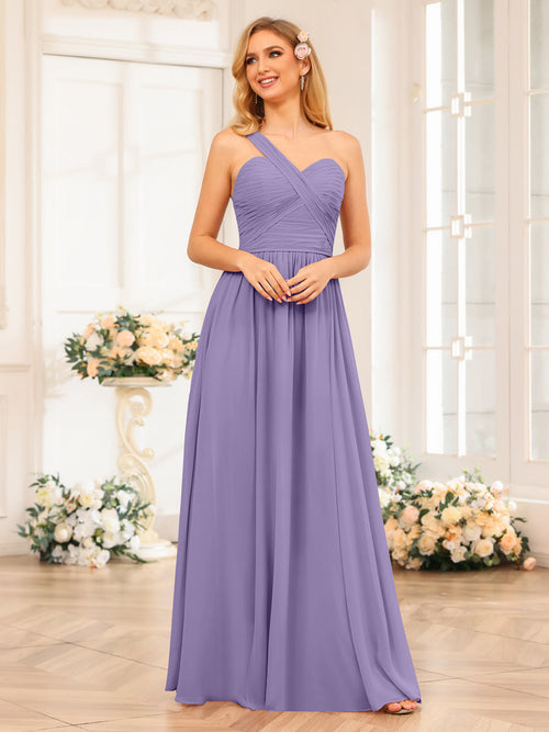 A-Line/Princess One-Shoulder Long Wedding Party Dresses with Split Side