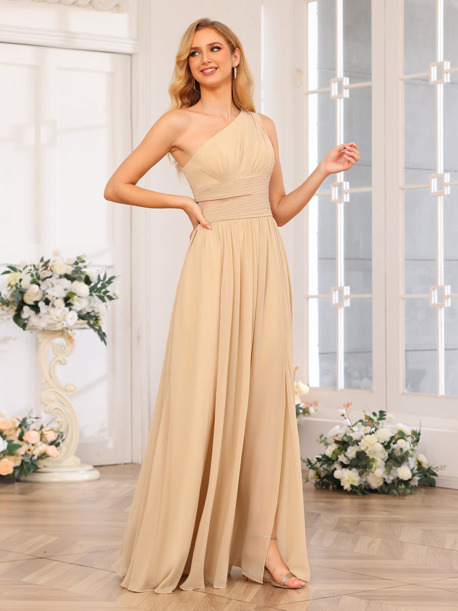 A-Line/Princess One-Shoulder Long Wedding Party Dresses with Watteau Train