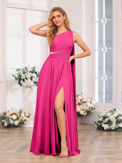 A-Line/Princess One-Shoulder Long Wedding Party Dresses with Watteau Train