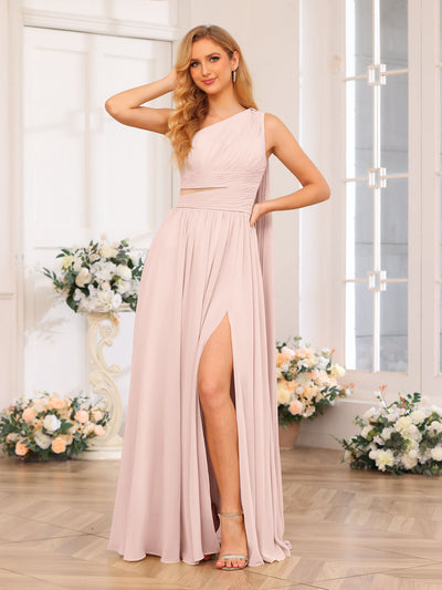 A-Line/Princess One-Shoulder Long Wedding Party Dresses with Watteau Train