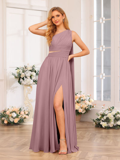 A-Line/Princess One-Shoulder Long Wedding Party Dresses with Watteau Train