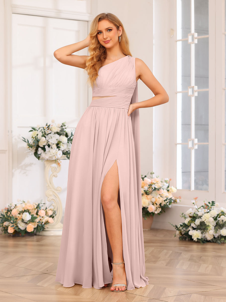 A-Line/Princess One-Shoulder Long Wedding Party Dresses with Watteau Train