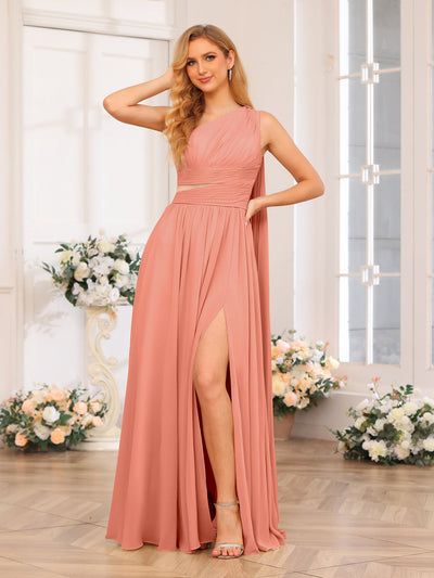 A-Line/Princess One-Shoulder Long Wedding Party Dresses with Watteau Train