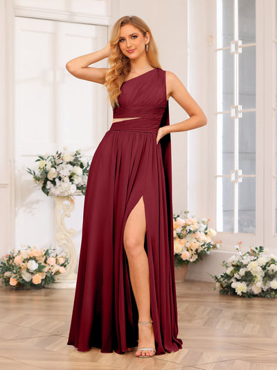 A-Line/Princess One-Shoulder Long Wedding Party Dresses with Watteau Train