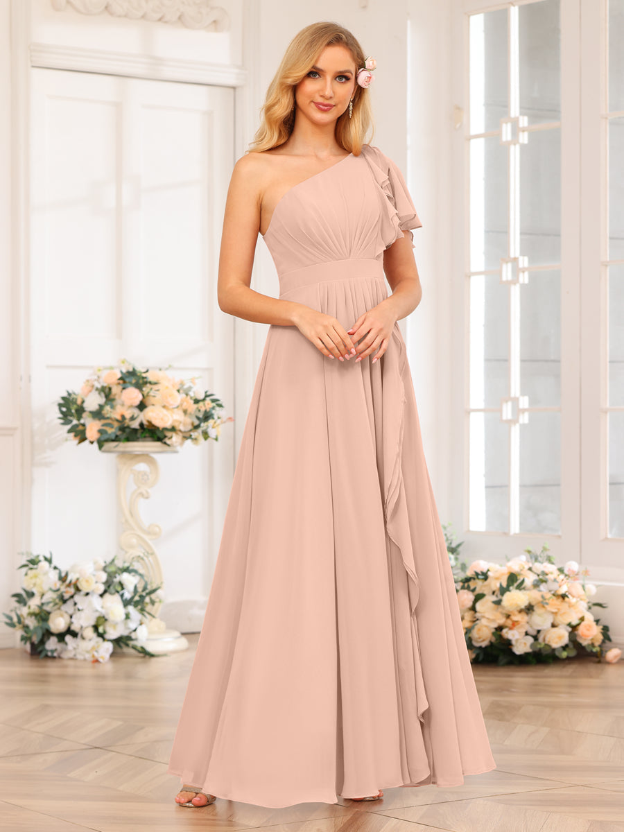 Lavetir Bridesmaid Dresses Pink A-Line/Princess One-Shoulder Long Wedding Party Dresses with Split Side 2026