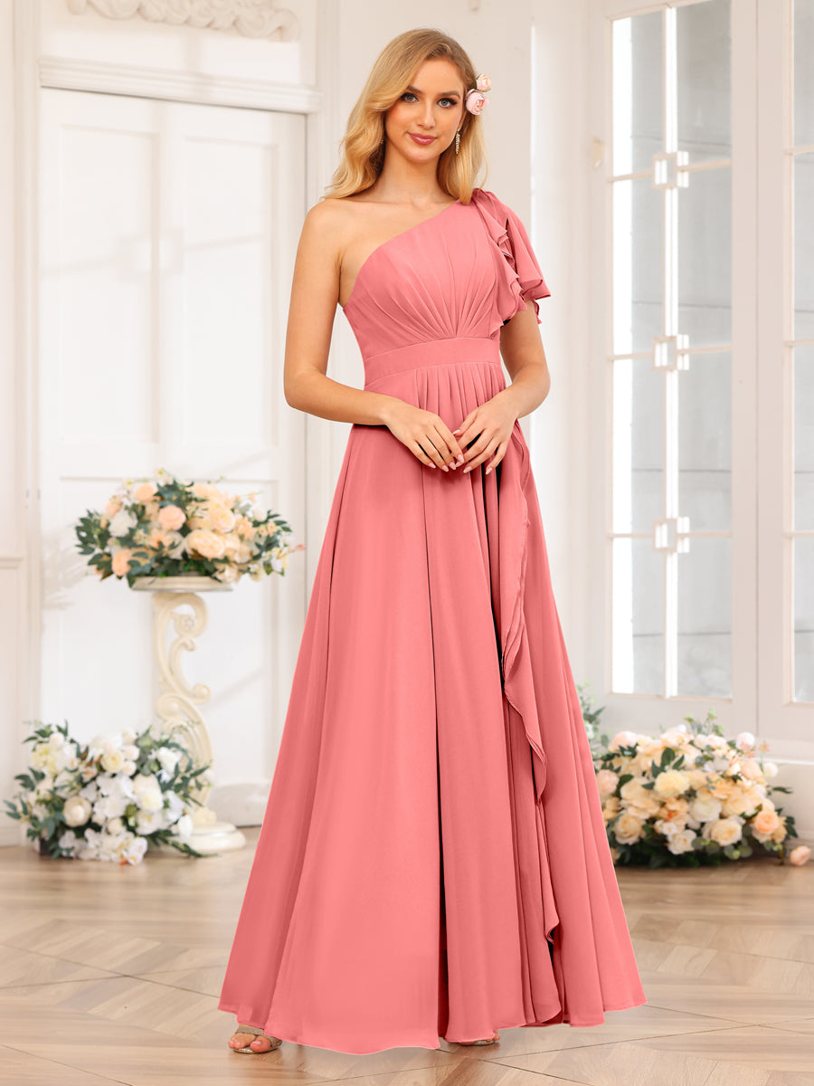 A-Line/Princess One-Shoulder Long Wedding Party Dresses with Split Side