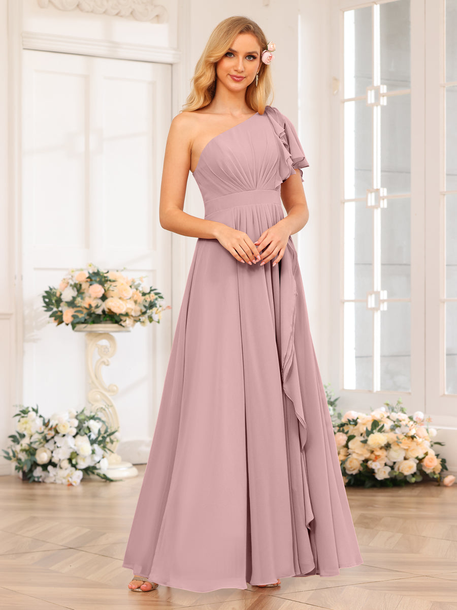 A-Line/Princess One-Shoulder Long Wedding Party Dresses with Split Side