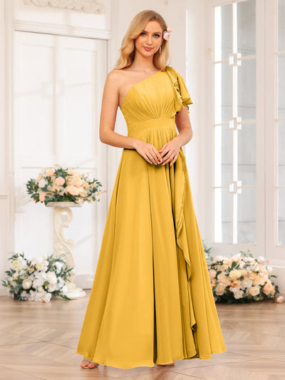 A-Line/Princess One-Shoulder Long Wedding Party Dresses with Split Side