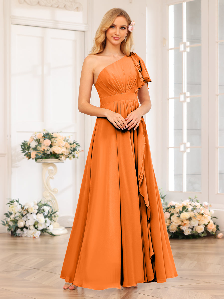 A-Line/Princess One-Shoulder Long Wedding Party Dresses with Split Side