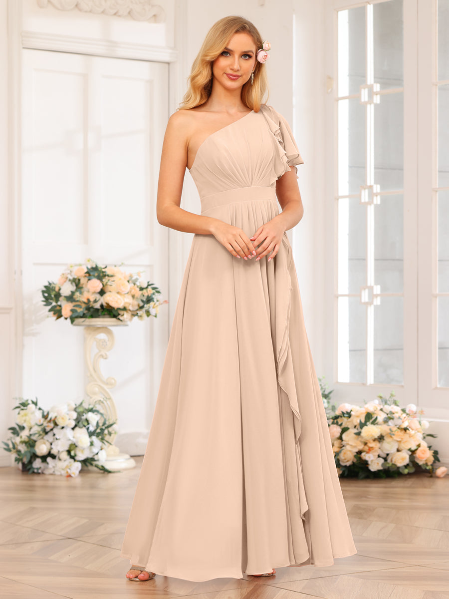 A-Line/Princess One-Shoulder Long Wedding Party Dresses with Split Side