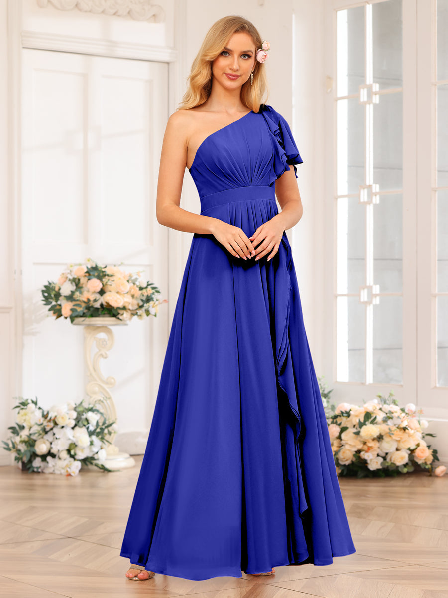 A-Line/Princess One-Shoulder Long Wedding Party Dresses with Split Side