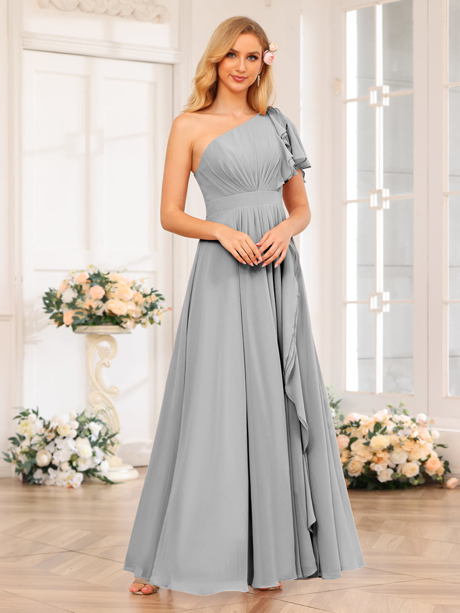 A-Line/Princess One-Shoulder Long Wedding Party Dresses with Split Side