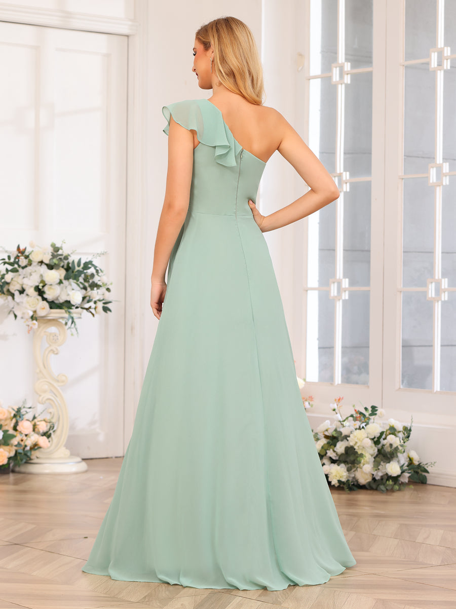 A-Line/Princess One-Shoulder Long Wedding Party Dresses with Split Side