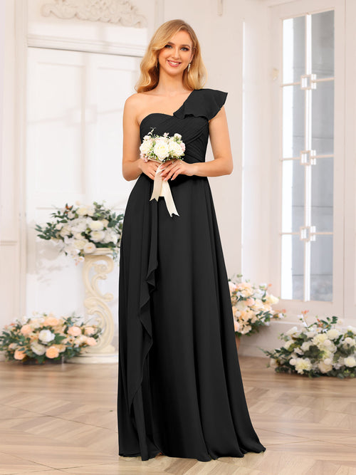 A-Line/Princess One-Shoulder Long Wedding Party Dresses with Split Side