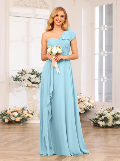 A-Line/Princess One-Shoulder Long Wedding Party Dresses with Split Side