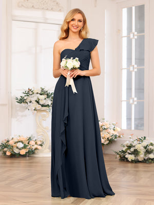A-Line/Princess One-Shoulder Long Wedding Party Dresses with Split Side