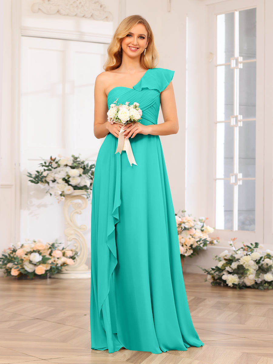 Lavetir Bridesmaid Dresses Green A-Line/Princess One-Shoulder Long Wedding Party Dresses with Split Side 2026