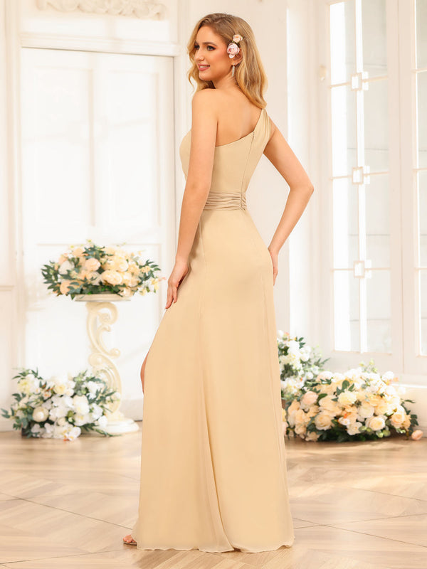 A-Line/Princess One-Shoulder Long Wedding Party Dresses with Split Side