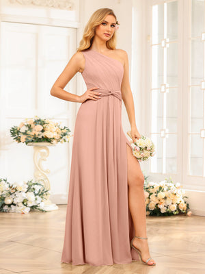 A-Line/Princess One-Shoulder Long Wedding Party Dresses with Split Side