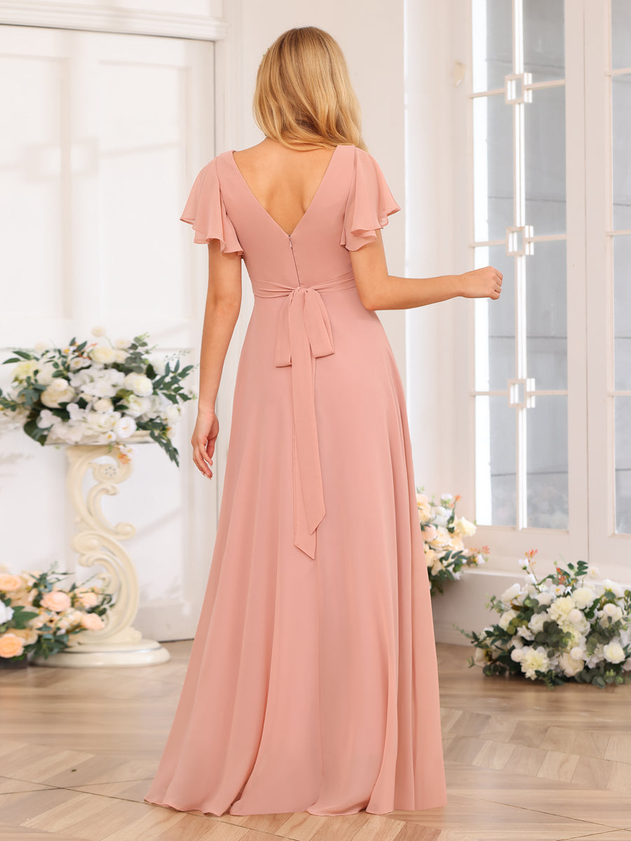 A-Line/Princess V-Neck Long Wedding Party Dresses with Split Side &amp; Pockets