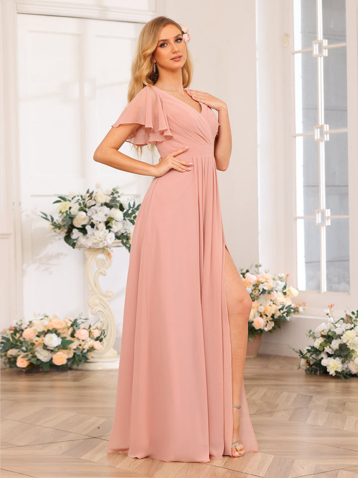 A-Line/Princess V-Neck Long Wedding Party Dresses with Split Side &amp; Pockets