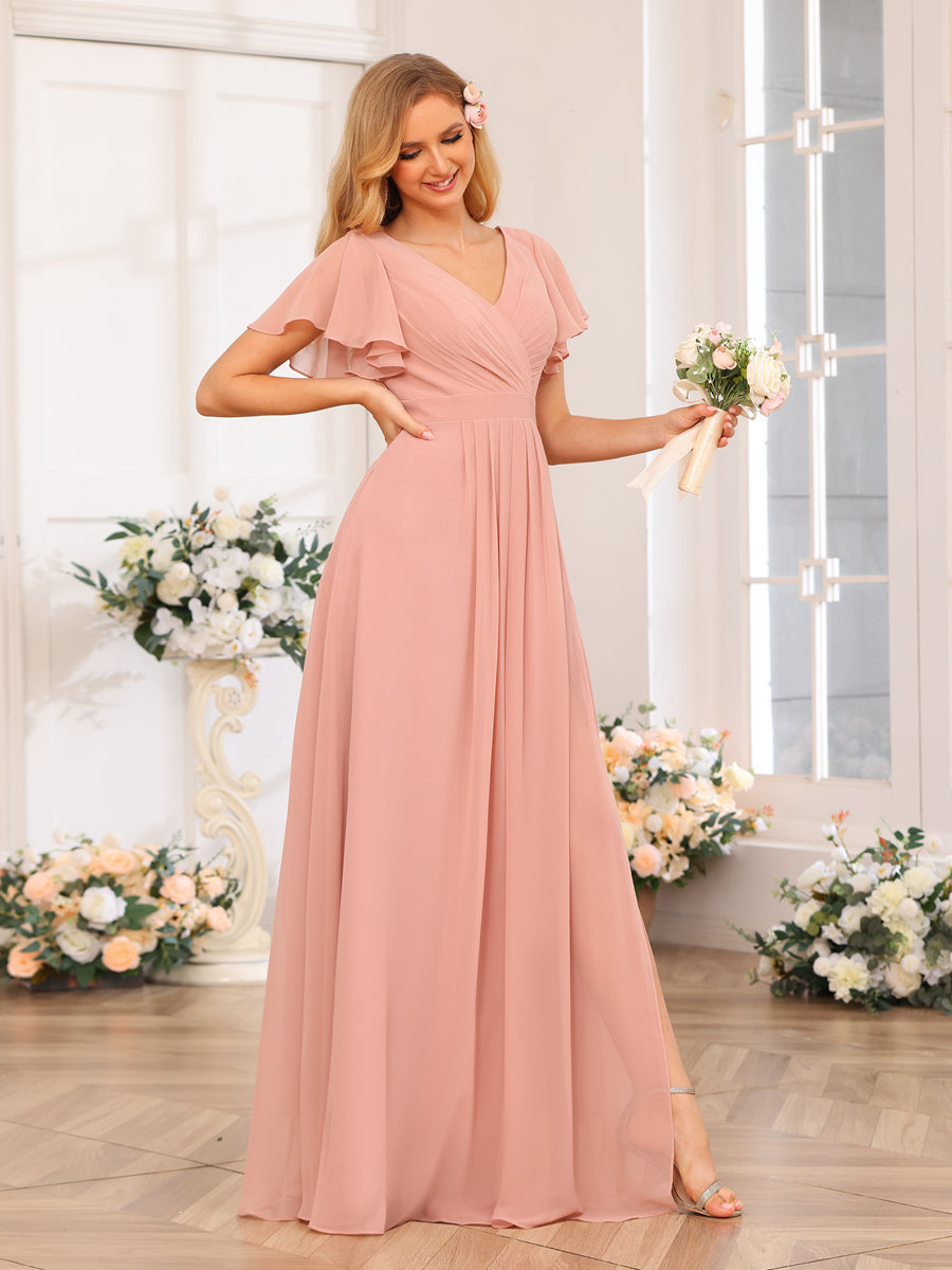 A-Line/Princess V-Neck Long Wedding Party Dresses with Split Side &amp; Pockets